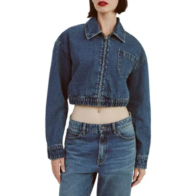 Bardot Crop Denim Bomber Jacket In Blue