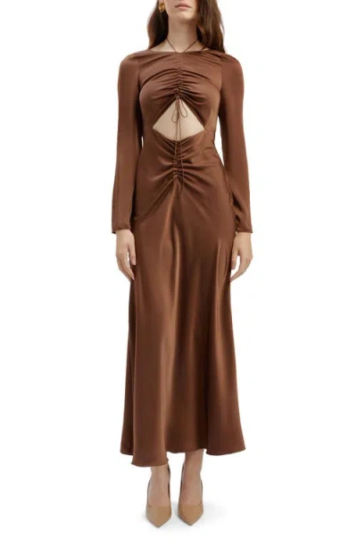 Bardot Daring Ruched Long Sleeve Cutout Midi Dress In Chocolate