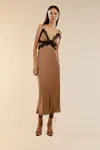 Bardot Lace Trim Cutout Satin Midi Slipdress In Bronze