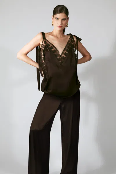 Bardot Devin Mid Rise Satin Pant In Brown