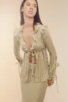 Bardot Dhalia Stripe Frill Tie Front Top In Green Str