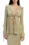 Bardot Dhalia Stripe Frill Tie Front Top In Green Stripe