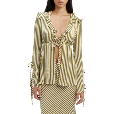 Bardot Dhalia Stripe Frill Tie Front Top In Green