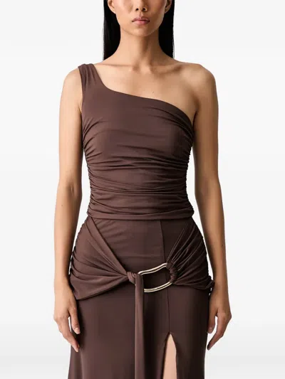 Bardot Dion One-shoulder Ruched Top In Brown