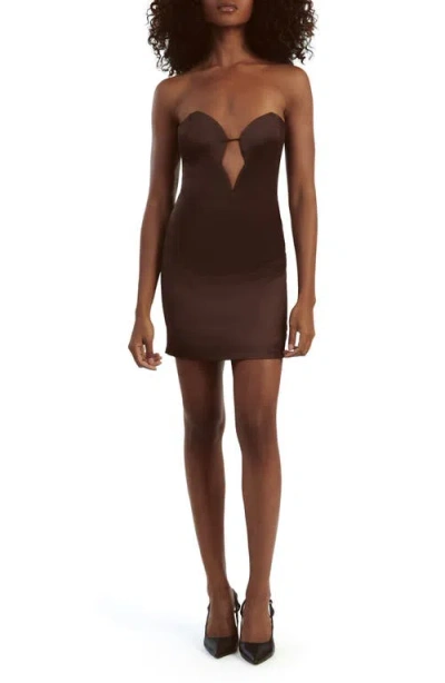 Bardot Eleni Plunge Neck Strapless Satin Minidress In Chocolate