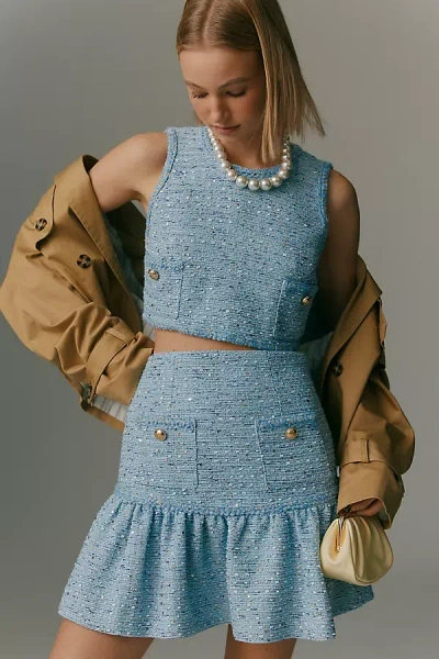 Bardot Elina Boucle Tweed Drop-waist Mini Skirt In Blue