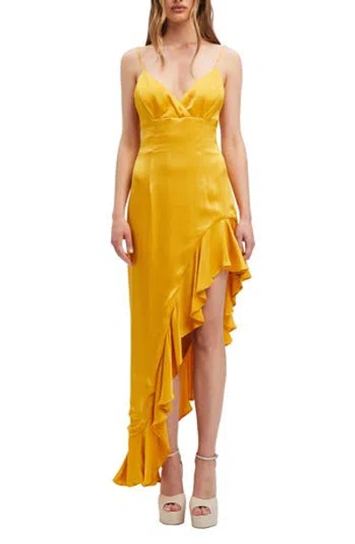 Bardot Ember Asymmetric Satin Midi Slipdress In Yellow