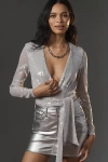 Bardot Emelia Sequin Wrap Long Sleeve Bodysuit In Grey