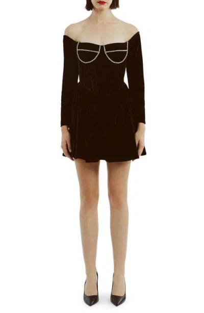 Bardot Emlyn Diamante Long Sleeve Velour Minidress In Black