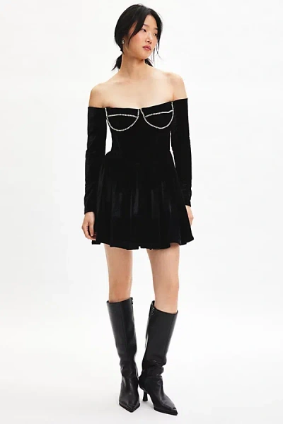 Bardot Emlyn Diamante Long Sleeve Velour Minidress In Black