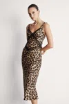 Bardot Emory V-neck Leopard Satin Slip Midi Dress In Leopard