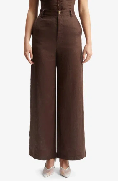 Bardot Enya High Waist Wide Leg Linen Pant In Chocolate