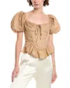 Bardot Esra Puff Sleeve Linen Corset Top In Brown