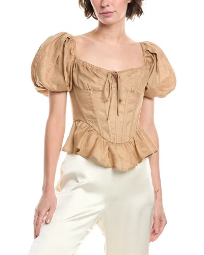 Bardot Esra Puff Sleeve Corset Linen Top In Brown