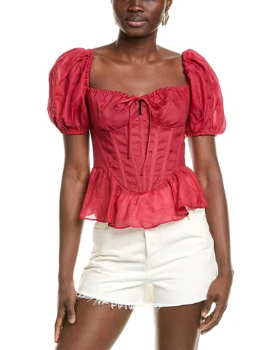 Bardot Esra Puff Sleeve Ramie Corset Top In Fire Red