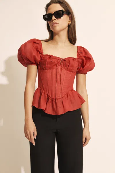 Bardot Esra Puff Sleeve Ramie Corset Top In Fire Red