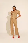 Bardot Esra Puff Sleeve Linen Corset Top In Latte