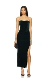 Bardot Everlasting Strapless Bustier Velour Column Midi Dress In Emerald Green