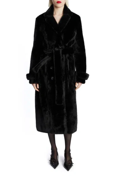 Bardot Faux Fur Double Breasted Trench Coat In Black