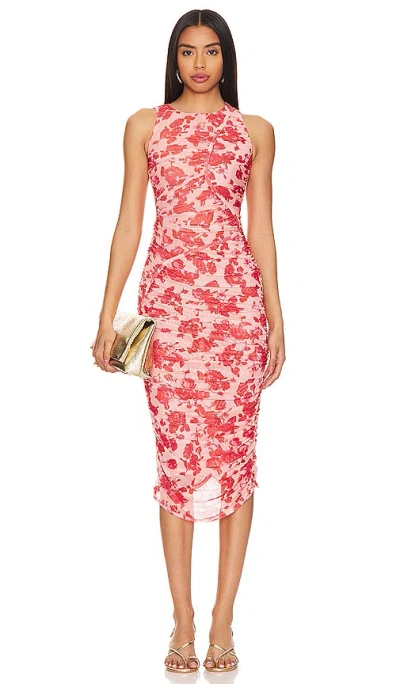 Bardot Felicia Floral Ruched Mesh Midi Dress In Red