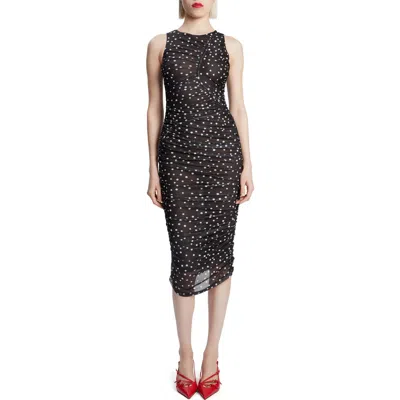 Bardot Felicia Polka Dot Ruched Mesh Midi Dress In Black Spot