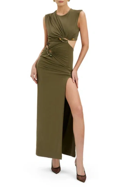Bardot Felix Slinky Sleeveless Gold Hardware Cutout Detail Thigh Split Maxi Dress In Green