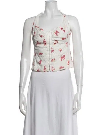 Pre-owned Bardot Floral Print Halterneck Crop Top In White