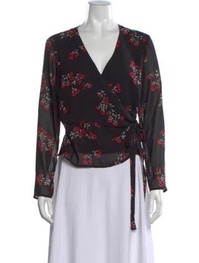 Pre-owned Bardot Floral Print V-neck Top In Black