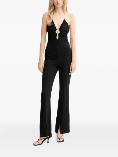 Bardot Floral-embroidery Cutout Halter-neck Bodysuit In Black