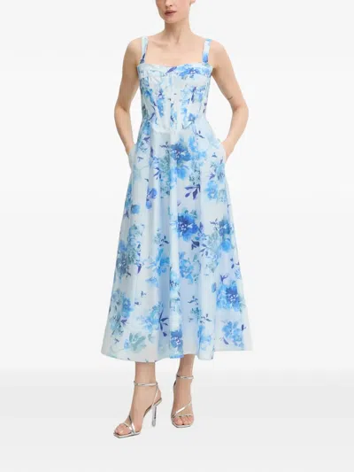 Bardot Floral-print Corset-style Midi Dress In Blue
