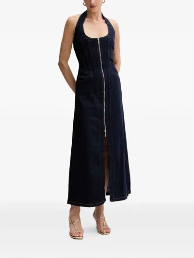 Bardot Halter-neck Denim Midi Dress In Black
