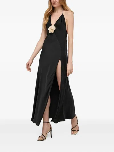 Bardot Halter-neck Flower-embellished Dress In Black