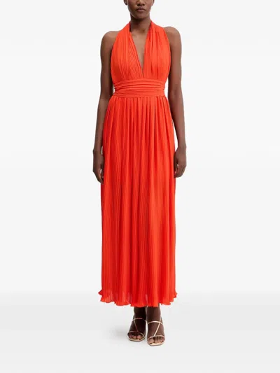 Bardot Halter-neck Pleated Maxi Dress In Orange