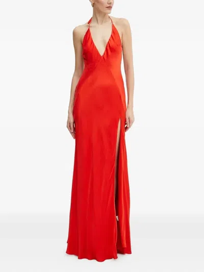 Bardot Halterneck Split Maxi Party Dress In Red