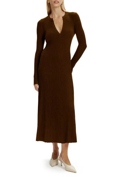Bardot Hattie Long Sleeve Rib Maxi Sweater Dress In Brown