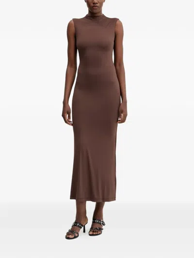 Bardot High-neck Sleeveless Midi Dress In Brown