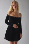 Bardot Hourglass Velvet Off-the-shoulder Long Sleeve Mini Dress In Black, Women's At Urban Outfitters In Black