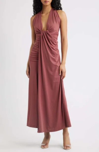 Bardot Ines Plunging Halter Neck Maxi Dress In Brown