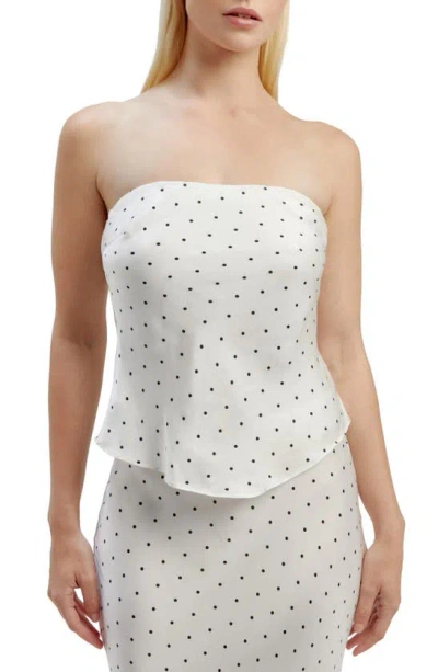 Bardot Jaida Polka Dot Strapless Satin Top In Black & White Spot