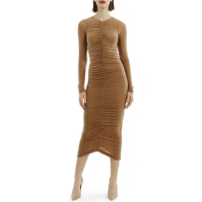 Bardot Jaya Gathered Long Sleeve Mesh Body-con Dress In Tan