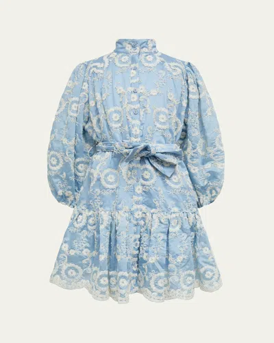 Bardot Junior Kids' Girl's Mila Floral-embroidered Flounce Mini Shirtdress In Baby Blue