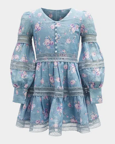 Bardot Junior Kids' Girl's Venice Lattice Trim Floral-print Dress In Blue Floral