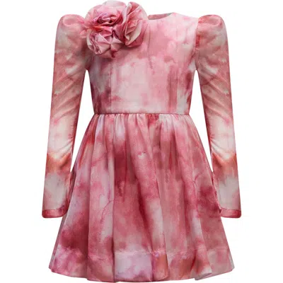 Bardot Junior Kids' Cupid Rosette Flower Long Sleeve Minidress In Pink Tie Dye