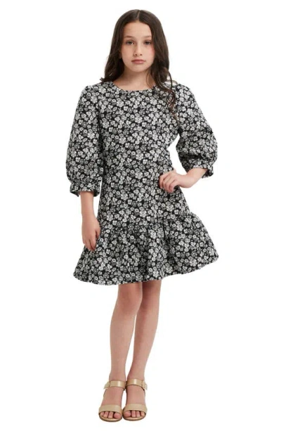 Bardot Junior Kids' Kacela Metallic Floral Puff Sleeve Party Dress In Black/ Cream Floral