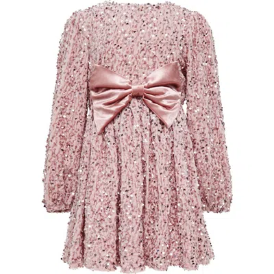 Bardot Junior Kids' Sequin Velour Bow Long Sleeve Dress In Pink Sequin