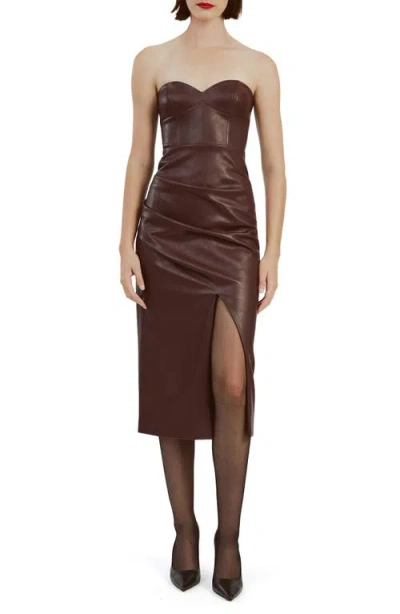 Bardot Kai Strapless Faux Leather Midi Dress In Deep Plum