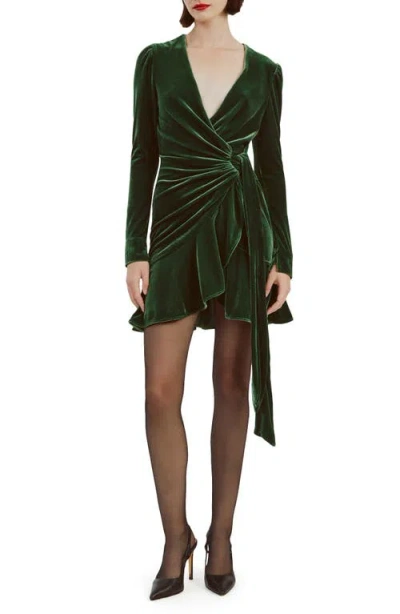 Bardot Keala Long Sleeve Stretch Velvet Faux Wrap Cocktail Minidress In Green