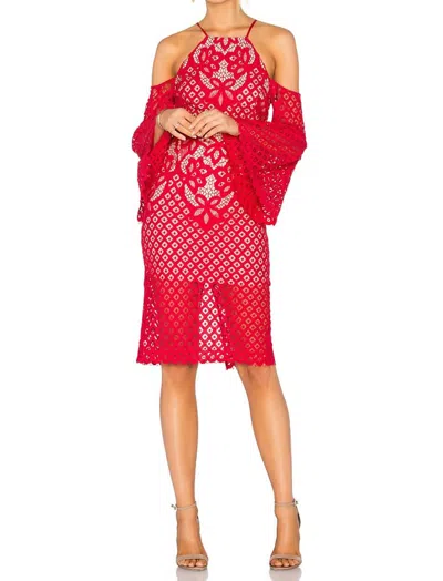 Bardot Lace Overlay Midi Pencil Skirt In Red