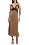 Bardot Lace Trim Cutout Satin Midi Slipdress In Bronze