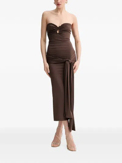 Bardot Laverne Ruched Knot-detail Midi Dress In Brown